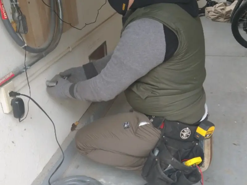 Electrician performing outlet wiring in a Cheverly garage